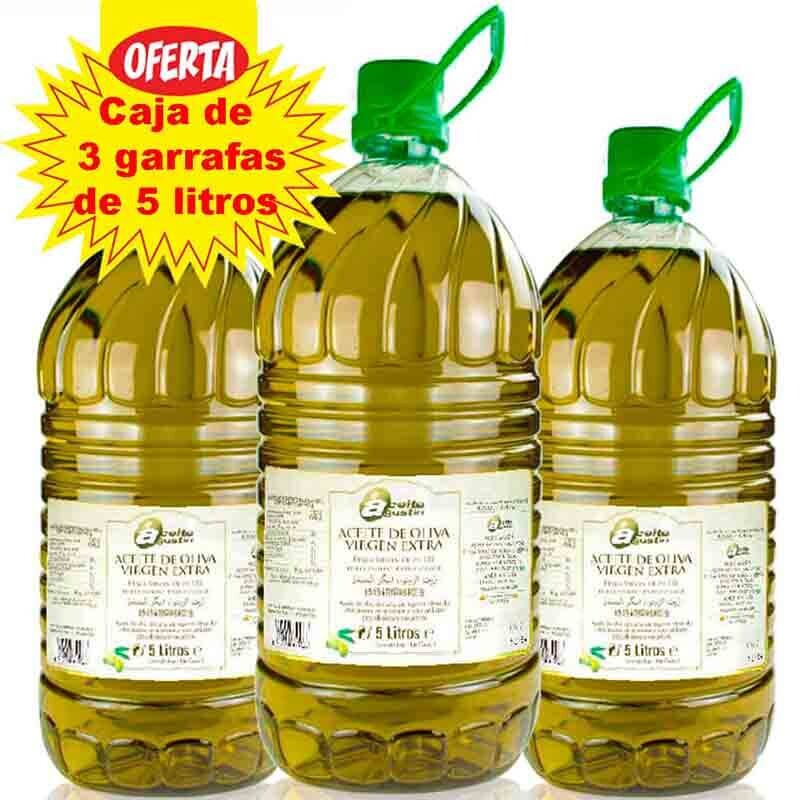 Aceite de Oliva Virgen Extra. Caja de tres garrafas de 5 litros. Total 15  litros.